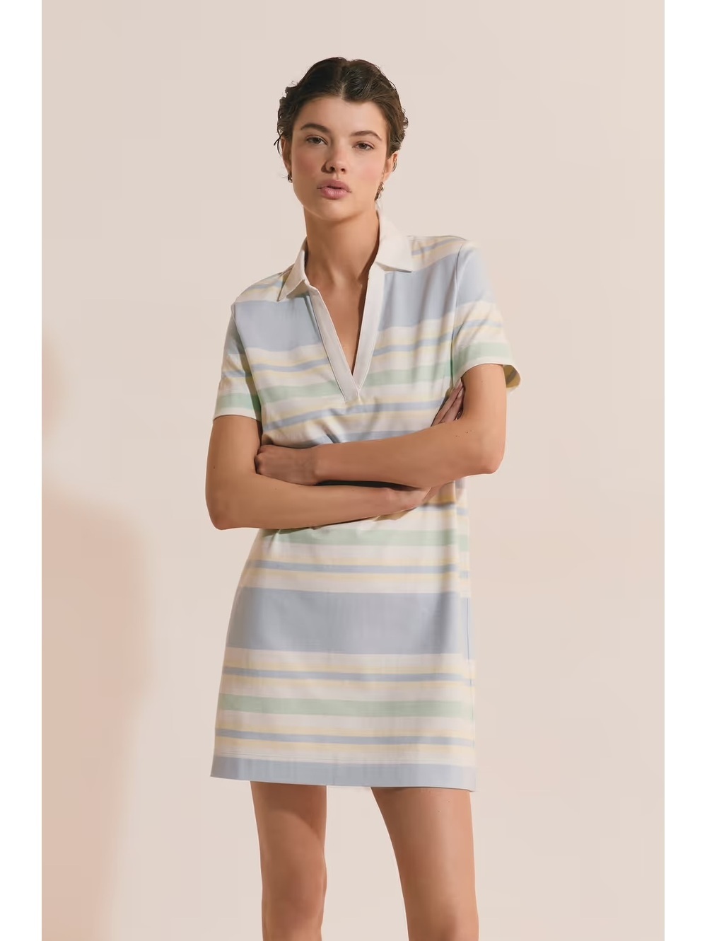Etam Women's Blue Pastel Striped Polo Dress Short Sleeve V-Neck Size L